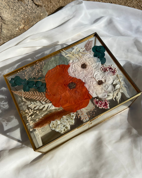6x8 floral jewelry box with orange-themed preserved flowers, beautifully crafted by Happihome.