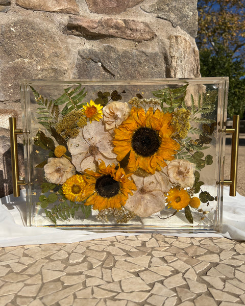 Large 11x14 floral resin tray with yellow-themed preserved blooms, artistically designed by Happihome.