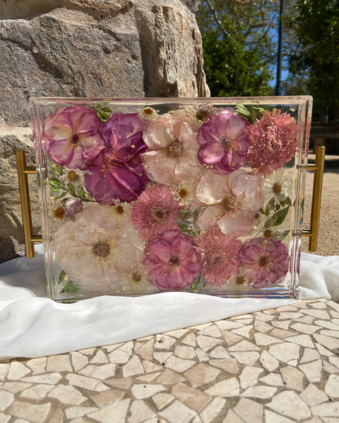 Large 11x14 floral resin tray with pink-themed preserved blooms, artistically designed by Happihome.