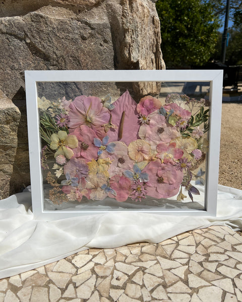 11x14 pressed flower frame featuring preserved pink-themed wedding flowers, handcrafted by Happihome for elegant home décor and lasting floral keepsakes.
