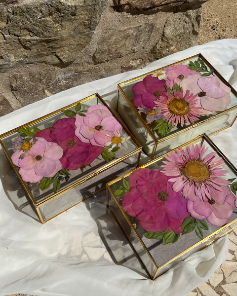6x8 floral jewelry box with pink-themed preserved flowers, beautifully crafted by Happihome.