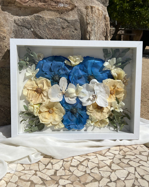 12x16 rectangular shadow box featuring blue-themed preserved flowers, handcrafted by Happihome for elegant floral preservation.