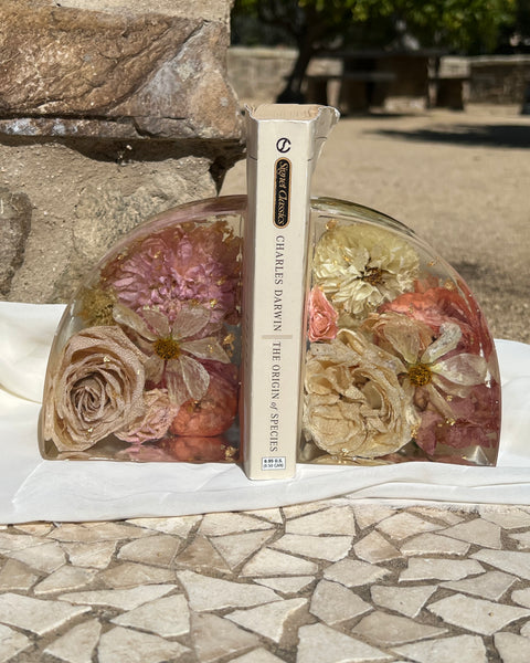 Set of two 6-inch resin bookends with pink-themed preserved flowers, handcrafted by Happihome for elegant floral décor.