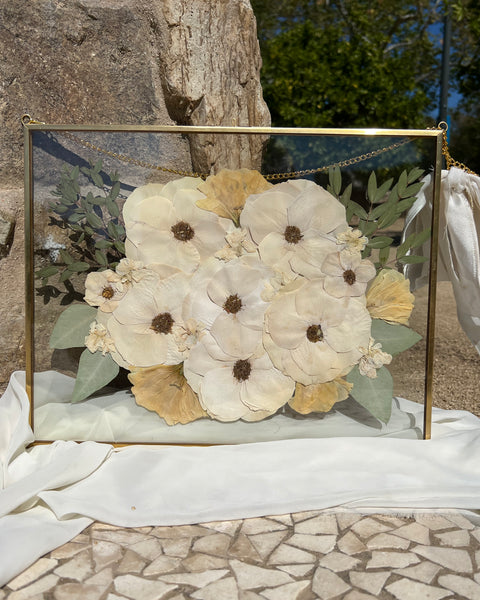 11x14 brass hanging pressed flower frame featuring preserved white-themed wedding blooms, handcrafted by Happihome for timeless floral wall décor.