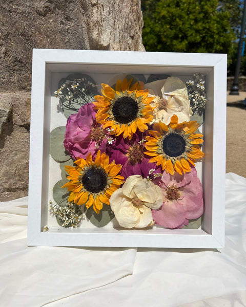 Square 11x11 floral shadow box with real preserved blooms, beautifully designed by Happihome.