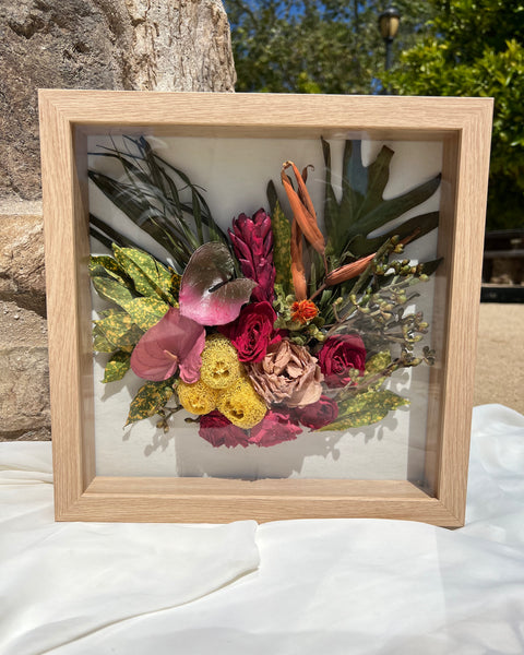 Square 11x11 floral shadow box with real preserved wedding blooms, beautifully designed by Happihome.