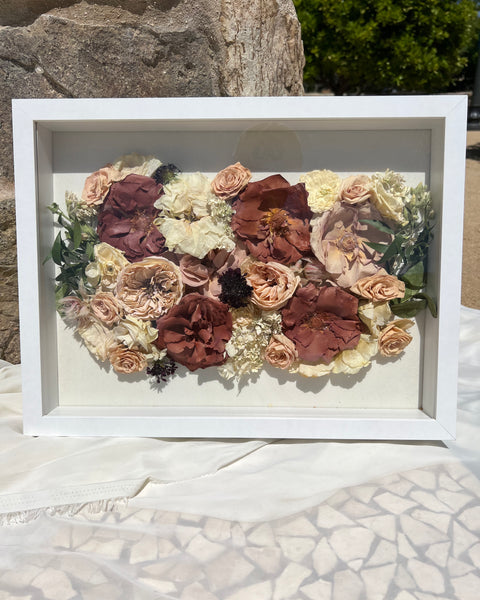 12x16 rectangular shadow box featuring red-themed preserved flowers, handcrafted by Happihome for elegant floral preservation.