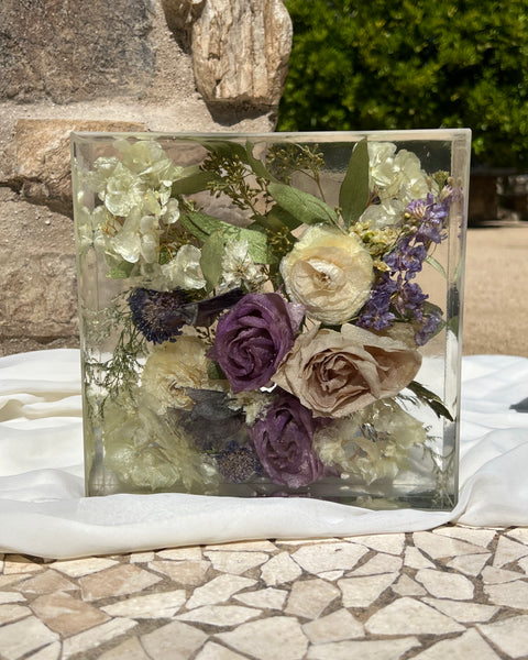 8-inch square resin block featuring purple-themed preserved flowers, handcrafted by Happihome as a timeless floral keepsake.