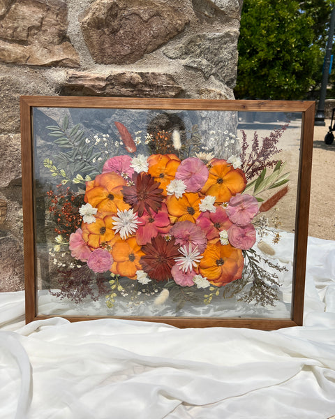 16x20 floral vow frame featuring orange and pink-themed preserved wedding blooms, beautifully designed by Happihome.