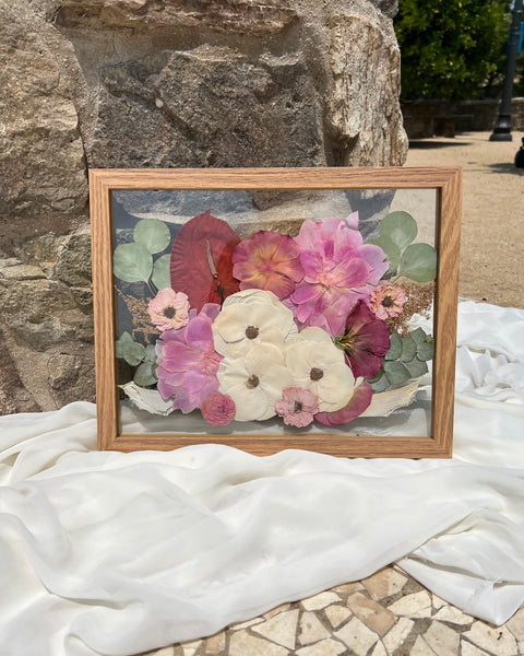 11x14 pressed flower frame featuring preserved pink-themed wedding flowers, handcrafted by Happihome for elegant home décor and lasting floral keepsakes.