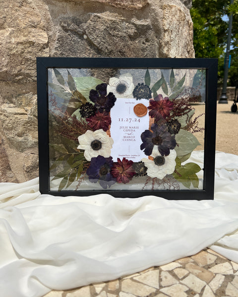 11x14 pressed flower frame featuring preserved dark-themed wedding flowers and wedding invitation card, handcrafted by Happihome for elegant home décor and lasting floral keepsakes.