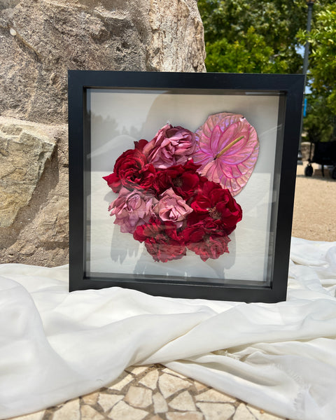 Square 11x11 floral shadow box with red & pink preserved blooms, beautifully designed by Happihome.