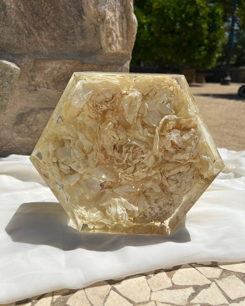 8-inch hexagon resin block featuring white preserved flowers, handcrafted by Happihome as a modern floral keepsake.