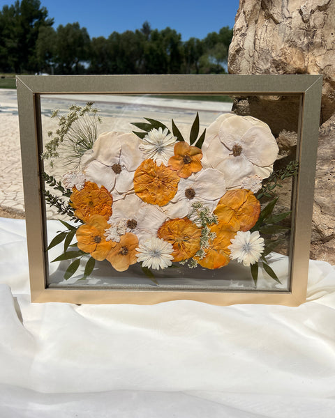11x14 pressed flower frame featuring preserved yellow-themed wedding flowers, handcrafted by Happihome for elegant home décor and lasting floral keepsakes.