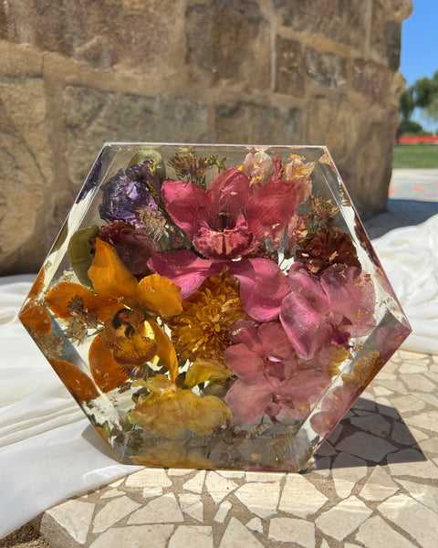 8-inch hexagon resin block featuring colorful preserved flowers, handcrafted by Happihome as a modern floral keepsake.