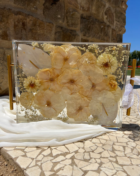 Large 11x14 floral resin tray with white-themed preserved blooms, artistically designed by Happihome.