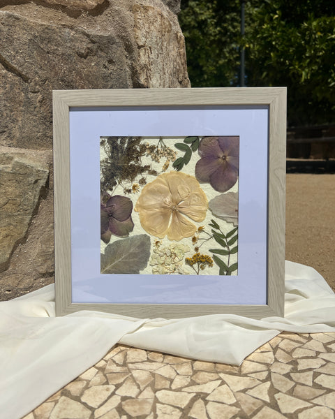 11x11 square pressed floral frame with mat border, showcasing preserved flowers by Happihome.