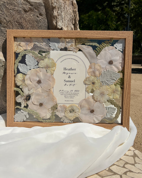 11x14 pressed flower frame featuring preserved flowers and wedding invitation card, handcrafted by Happihome for elegant home décor and lasting floral keepsakes.