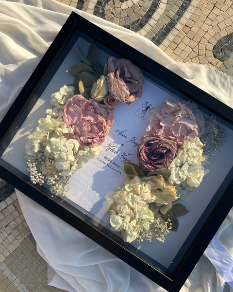 12x16 rectangular shadow box featuring preserved flowers and wedding invitation card, handcrafted by Happihome for elegant floral preservation.